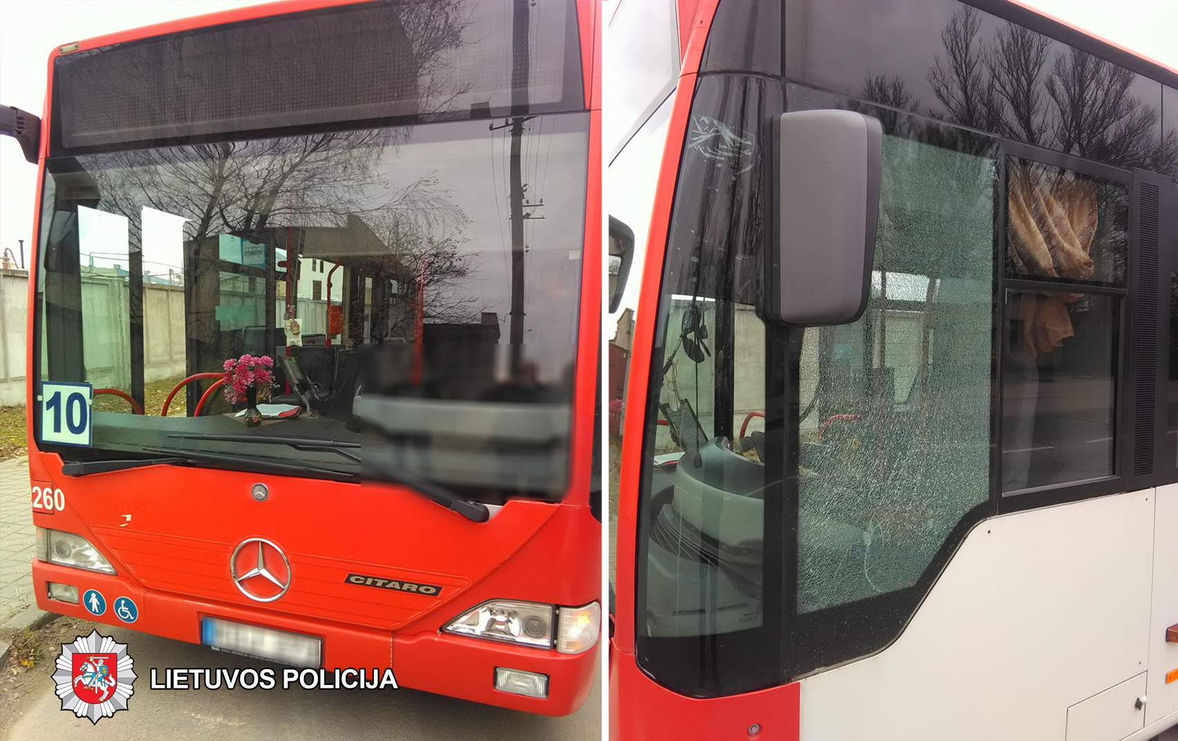 2019-11-12 apie 14 val. Panevėžyje, J. Basanavičiaus g. važiuojančiam maršrutiniam autobusui išdaužtas kairės pusės šoninis stiklas.