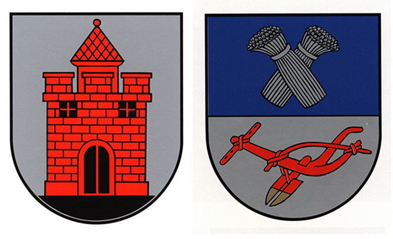 Dabartinis Panevėžio herbas (kairėje, atkurtas pagal seniausių miesto antspaudų ikonografiją, ir buvusysis sovietmečiu (dešinėje), 1995-aisiais perleistas Panevėžio rajonui ir tebesantis jo simboliu iki šiol. „LIETUVOS HERALDIKA“ (2008) nuotr.