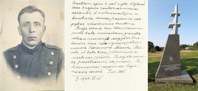 Iš Krekenavos valsčiaus Butrimonių kaimo kilęs pasienietis, Šaulių sąjungos narys Aleksandras Barauskas tapo pirmąja sovietų okupacijos auka. Viduryje – telegrama Lietuvos pasiuntinybei Maskvoje, kurioje pranešama apie Raudonosios armijos karių įvykdytą Lietuvos pasienio policijos sargybos būstinės Ūtoje apšaudymą ir A. Barausko žūtį. Dešinėje – kryžius ir atminimo ženklas 1940 metų birželio 15 dieną 2-osios Ūtos pasienio sargybos būstinėje mirtinai sužeistam šios sargybos viršininkui. LCVA, Lietuvos gyventojų genocido ir rezistencijos tyrimo centro nuotrauka