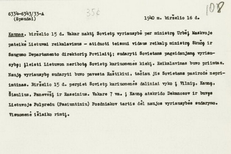 Lietuvos vyriausybės birželio 16 dienos pareiškimas spaudai apie TSRS birželio 14-osios ultimatumo priėmimą. LCVA nuotr.