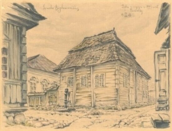 Panevėžio medinė sinagoga dailininko Gerardo Bagdonavičiaus 1928-ųjų piešinyje. ŠIAULIŲ AUŠROS MUZIEJAUS RINKINIŲ nuotr.
