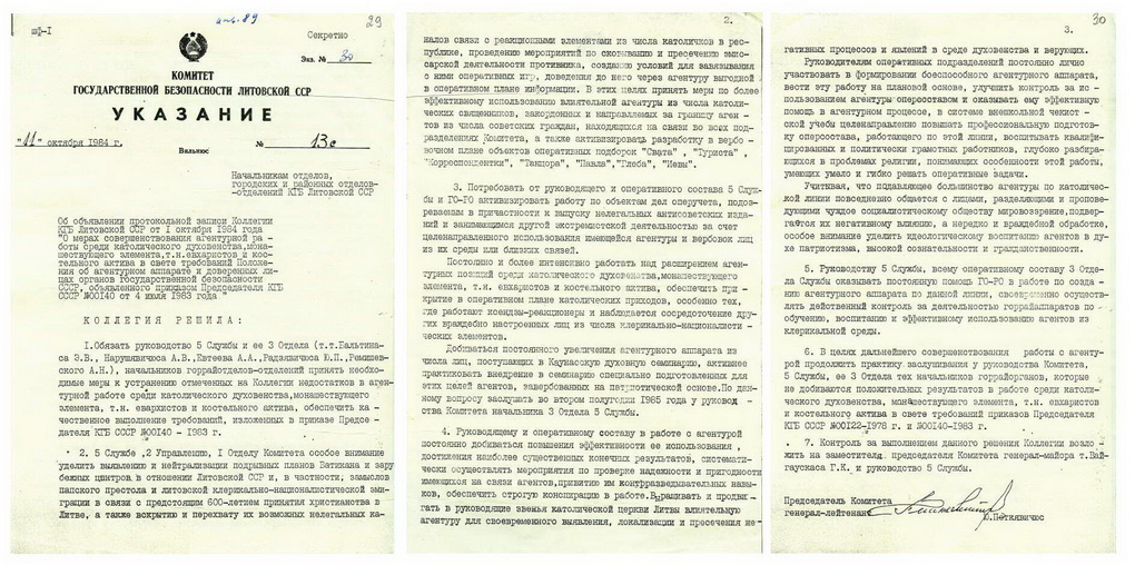 Lietuvos TSR valstybės saugumo komiteto – KGB – 1984 metų nurodymo dėl agentūrinio darbo tarp katalikų dvasininkų, vienuolių, eucharistų ir bažnytinio aktyvo ištrauka. LIETUVOS YPATINGOJO ARCHYVO (LYA) nuotr. 