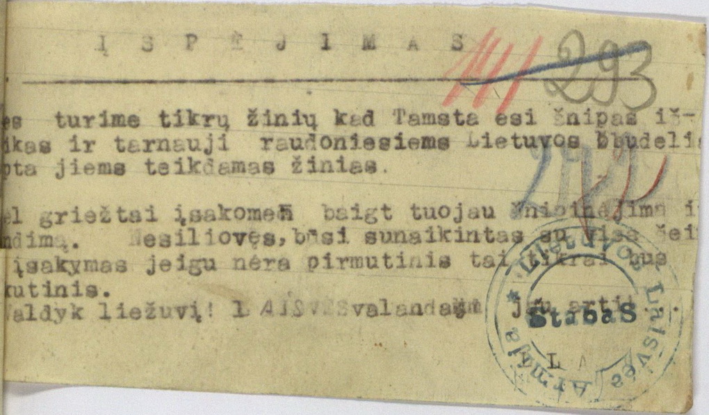 Lietuvos laisvės armijos štabo įspėjimas šnipams (1944–1945 metai). LYA nuotr.