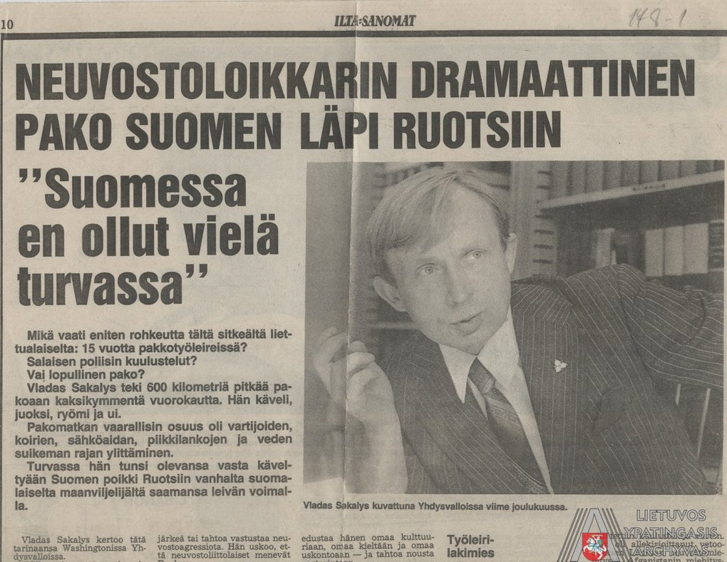 Straipsnio „Dramatiškas sovietų perbėgėlio pabėgimas į Švediją per Suomiją“ apie Vladą Šakalį, publikuoto Suomijos laikraštyje „Ilta Sanomat“ 1981 metų sausio 9 dieną, iškarpa. LIETUVOS YPATINGOJO ARCHYVO nuotr.
