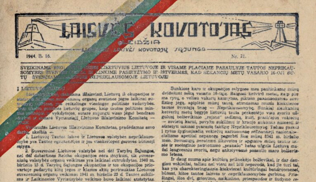 Vyriausiojo Lietuvos išlaisvinimo komiteto 1944 metais priimta deklaracija „Į Lietuvių tautą“, išspausdinta antinacinio pasipriešinimo laikraštyje „Laisvės kovotojas“. LCVA nuotr.