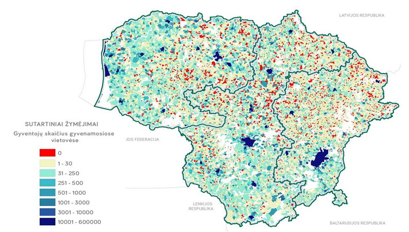 Raudoni taškeliai Lietuvos žemėlapyje – vietovės, kuriose neliko gyventojų. Nelikus žmonių, ilgainiui iš dokumentų ir atminties išnyksta ir kaimų pavadinimai.
