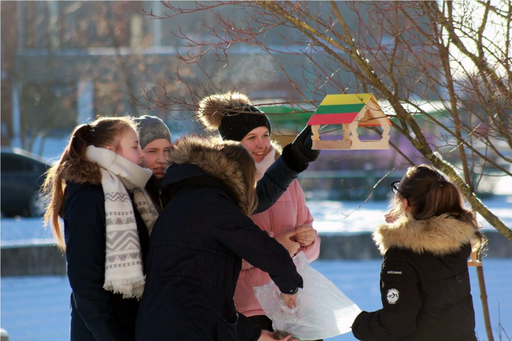 Panevėžio „Ąžuolo“ progimnazijos jaunųjų miško bičiulių būrelio „Miško meistreliai“ narių iniciatyva, minint Lietuvos valstybės atkūrimo dieną, prie mokyklos pakabino pačių pagamintas lesyklėles su trispavės vėliavos spalvomis nudažytais stogeliais.
