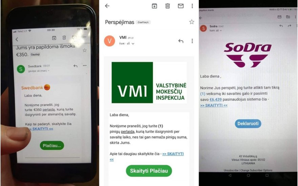Policija perspėja gyventojus dėl melagingų „Sodros“, Valstybinės mokesčių inspekcijos ir „Swedbank“ pranešimų apie išmokas.