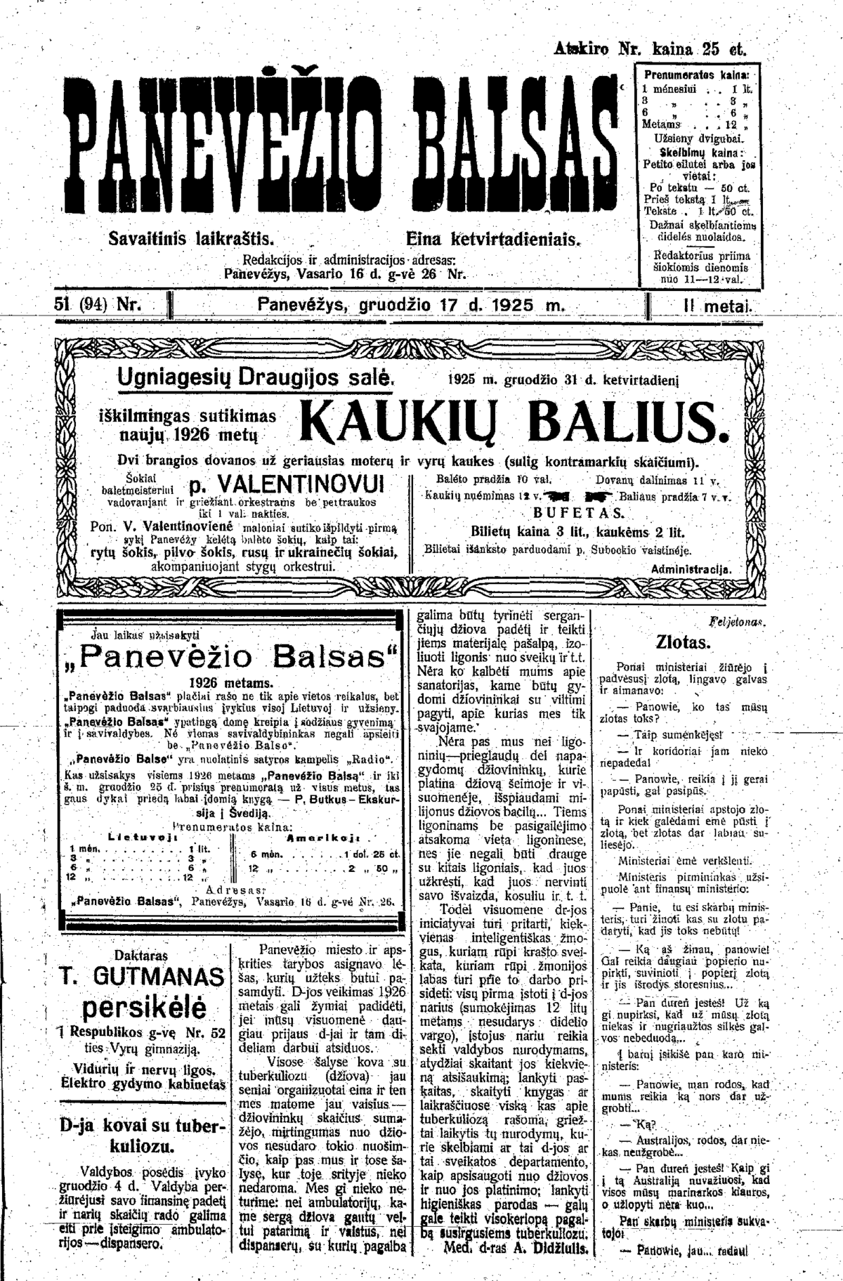„Panevėžio balso“ numeris, išleistas prieš 1925-ųjų šv.Kalėdas.