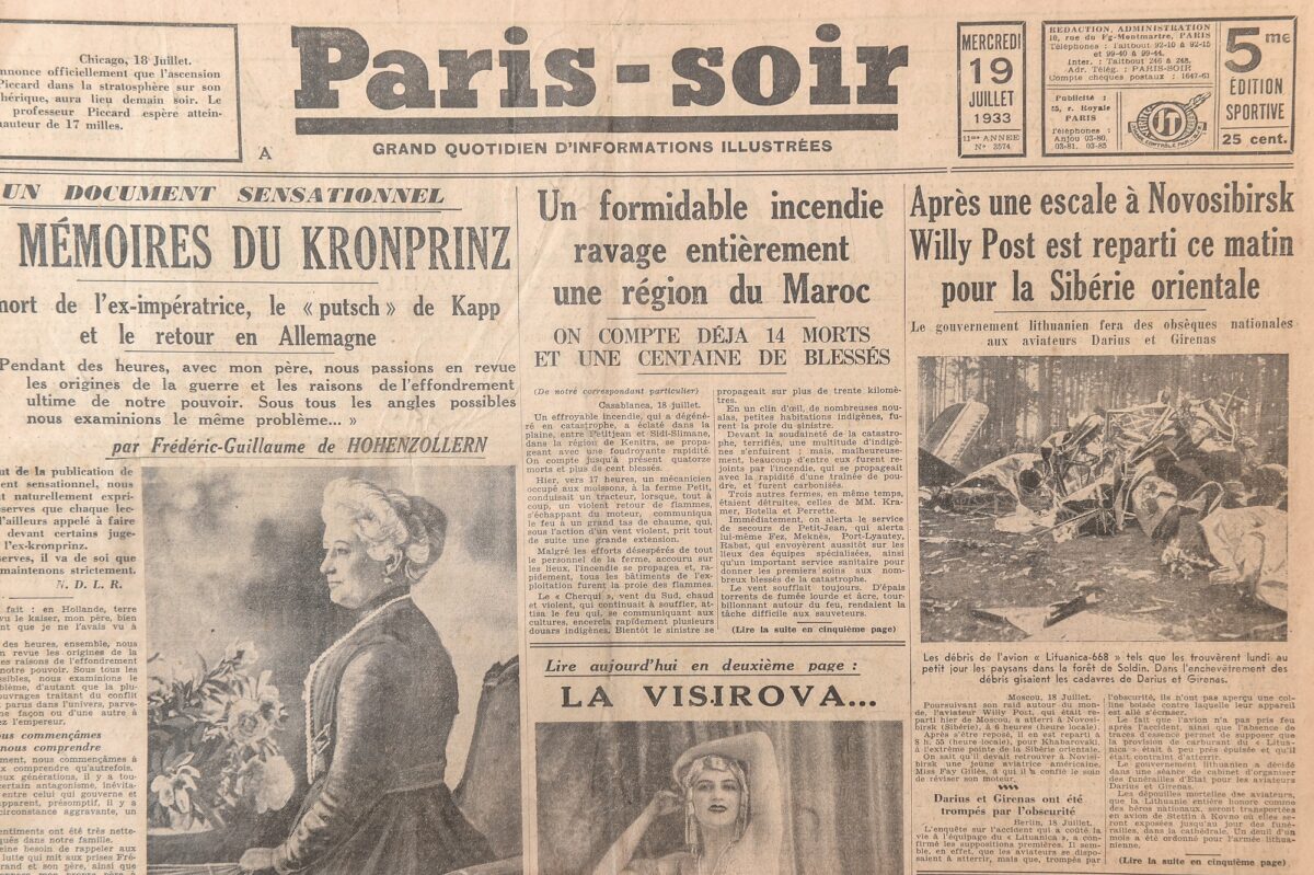 Dienraštis „Paris-soir“, 1933 m. liepos 19 d. Dešinėje – žinutė apie tragiškai pasibaigusį lietuvių lakūnų Stepono Dariaus ir Stasio Girėno skrydį per Atlantą. G. Kartano nuotr.