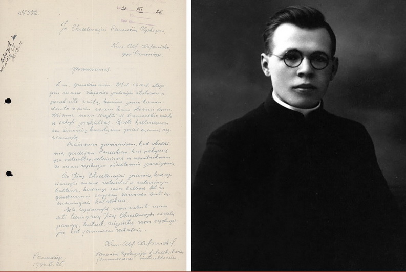 1930 metų gruodžio 25-osios dienos kunigo Alfonso Lipniūno pranešimas Panevėžio vyskupui Kazimierui Paltarokui. Dokumente atsispindi jauno kunigo drąsa ir pozicija Lietuvos valdžios įvesto karo padėties režimo sąlygomis. G. KARTANO nuotr.