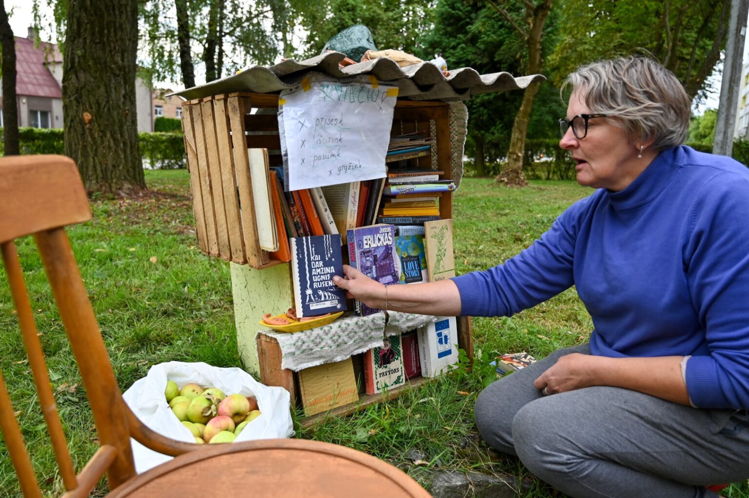 Pririnkusi gyventojų dovanojamų knygų, dar jų radusi paliktų prie konteinerių, po daugiabučių langais Smėlynės gatvės skverelyje panevėžietė įkurdino lauko bibliotekėlę.