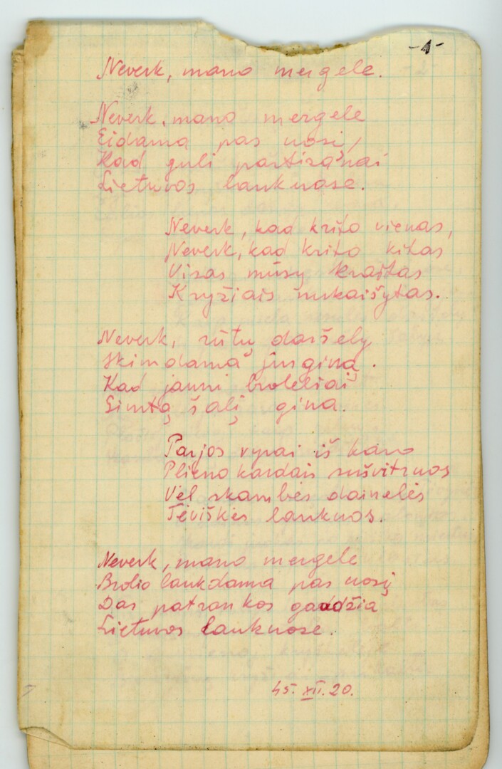 Albino Bilinkevičiaus eilės iš jo eilėraščių sąsiuvinio. 1945 metų gruodžio 20 diena. KĖDAINIŲ KRAŠTO MUZIEJAUS fondai 