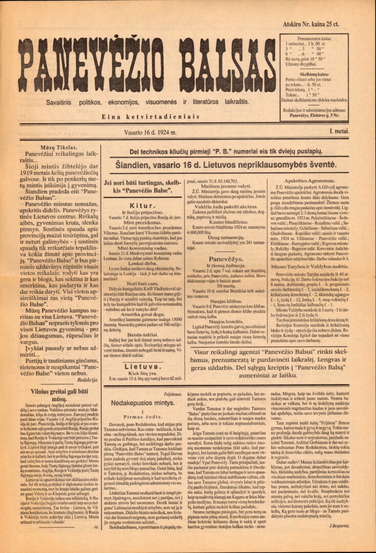 Panevėžio balsas, 1924, vasario 16, Nr. 1.