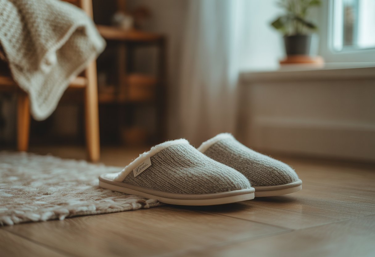 Porą vilnonių šlepečių ant medinių grindų šalia minkšto kilimėlio jaukioje namų aplinkoje.