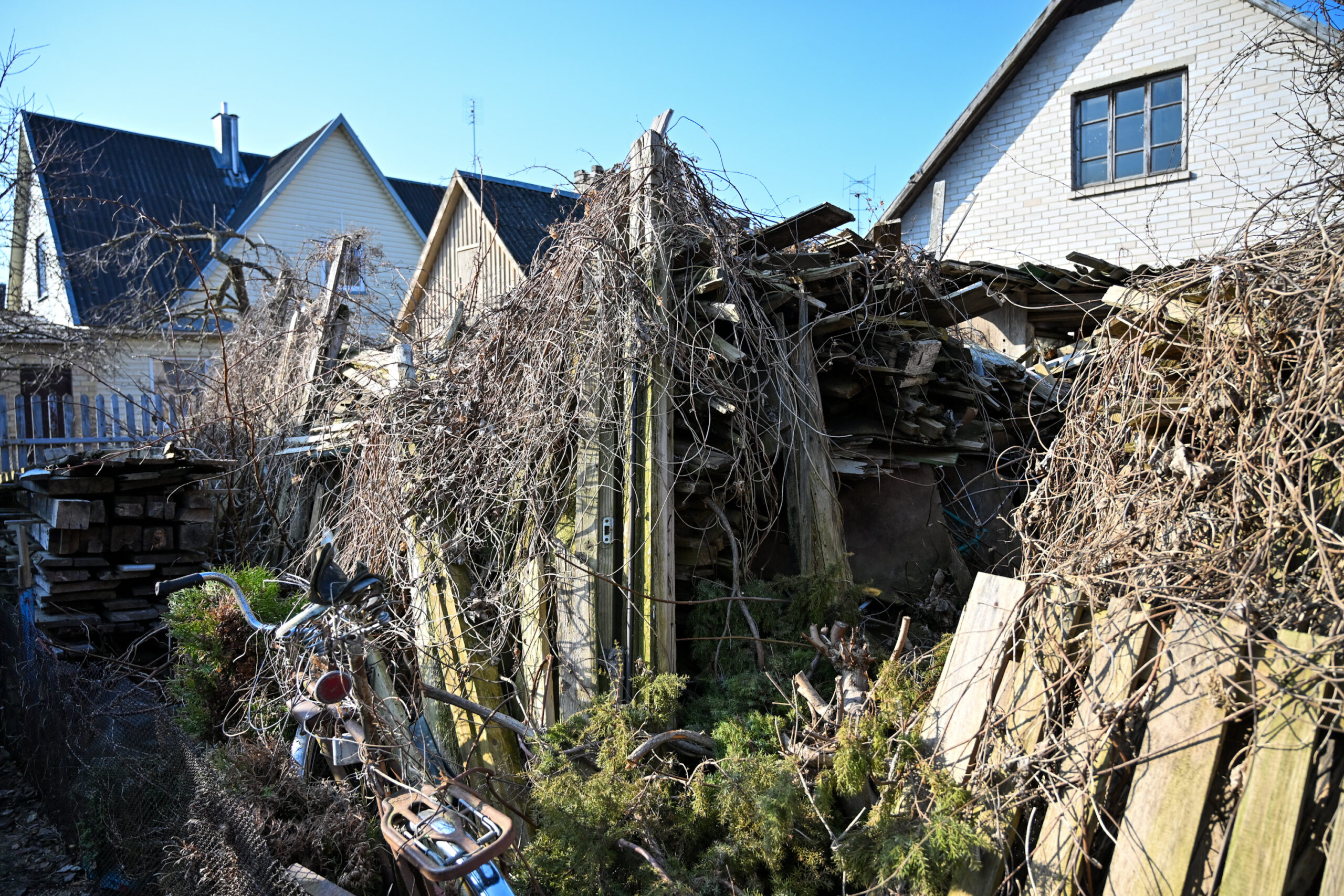 Vasaromis Algirdo gatvės privačioje teritorijoje sukauptas atliekas uždengia apyniai, dabar jos visos nuo kaimynų kiemo matomos kaip ant delno. P. ŽIDONIO nuotr.