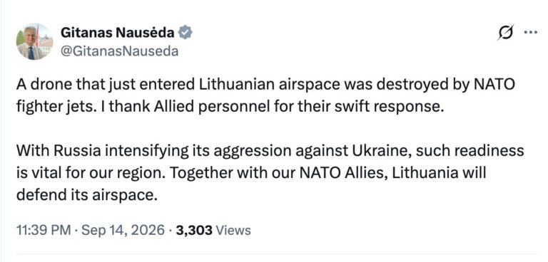 Nacionalinių krizių valdymo centro (NKVC) preliminariais duomenimis, dronas sunaikintas Alytaus rajone, ties Navasiolkų kaimo.