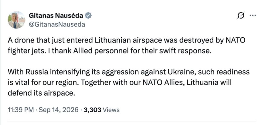 Nacionalinių krizių valdymo centro (NKVC) preliminariais duomenimis, dronas sunaikintas Alytaus rajone, ties Navasiolkų kaimo.