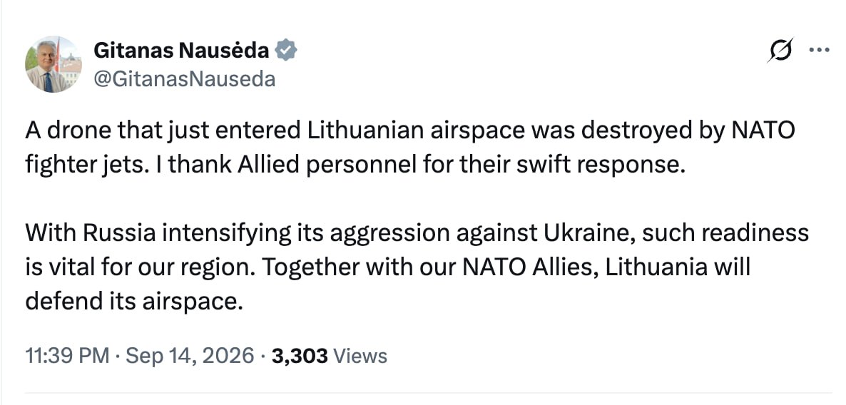 Nacionalinių krizių valdymo centro (NKVC) preliminariais duomenimis, dronas sunaikintas Alytaus rajone, ties Navasiolkų kaimo.